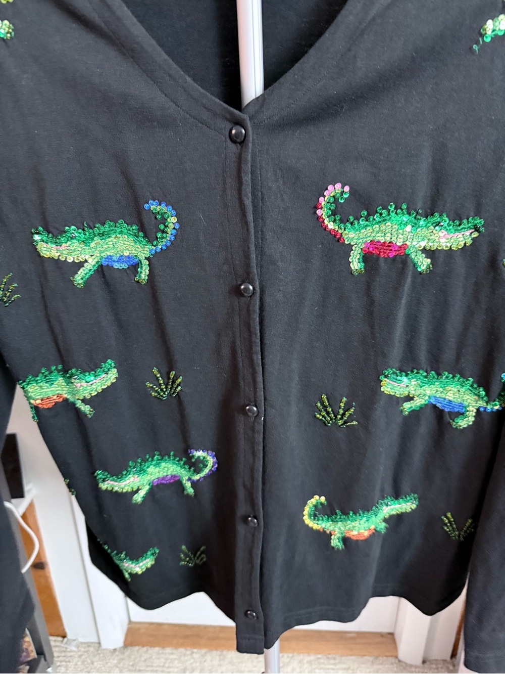 VTG Y2K black Emma Tricot cardigan sequin alligators beaded grass button up L - Picture 6 of 10